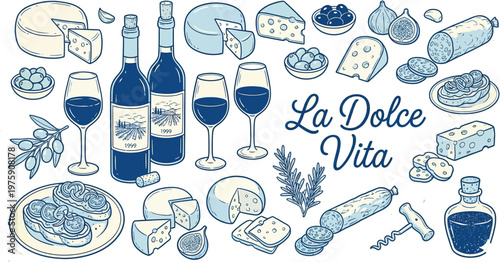 La Dolce Vita Italian Food Vector Illustration with Wine Cheese and Antipasti
