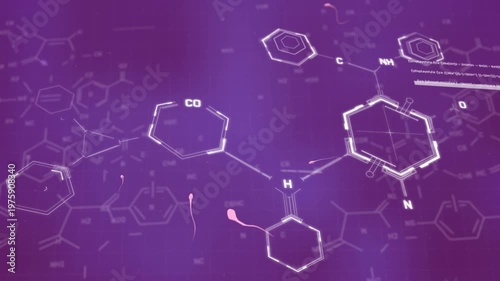 Animation of chemical formulas over data and egg with spermatozoids on purple background