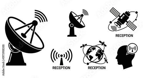 Satellite Communication Icons: Global Network, Reception, and Technology Concepts