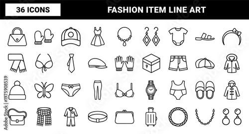 Minimalist clothing and fashion accessory icons in black line style