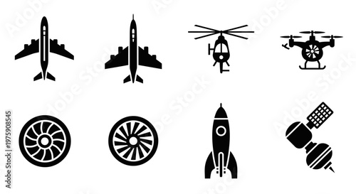 Set of Icons: Aircraft, Helicopter, Drone, Jet Engine, Rocket, Satellite