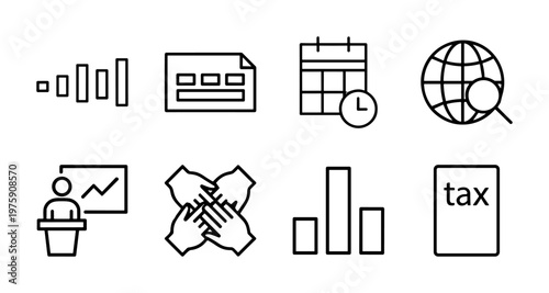 Minimalist business and finance outline icon grid for corporate design and banking.