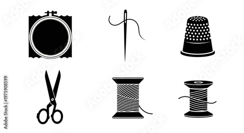 Sewing Tools Icon Set: Embroidery Hoop, Needle, Thimble, Scissors, Thread Spools