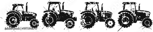 Four black grunge tractor silhouettes aligned in a row on white background