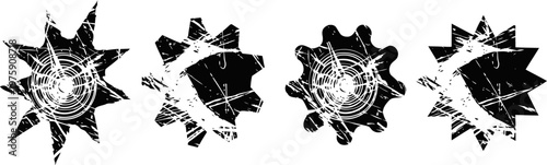 four black floral silhouettes with grunge texture and radial line designs in circular shapes