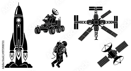 Space Exploration Icons: Rocket, Rover, Astronaut, Space Station, Satellite