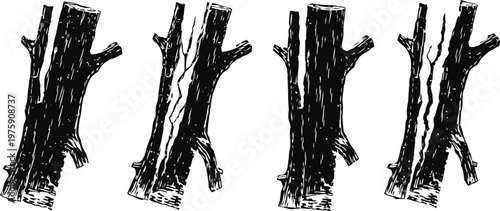 Black tree branches silhouette set four rugged tree trunks isolated on white, rough bark textured, bare wood illustration