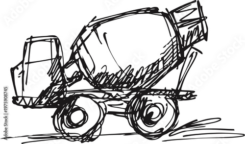 sketch of a cement mixer truck with rough lines and dynamic strokes