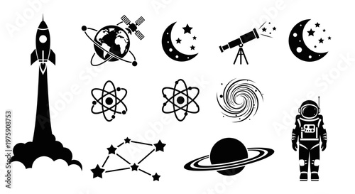 Space Exploration Icons: Rocket, Astronaut, Planets, Galaxy, Telescope, Stars, Atom