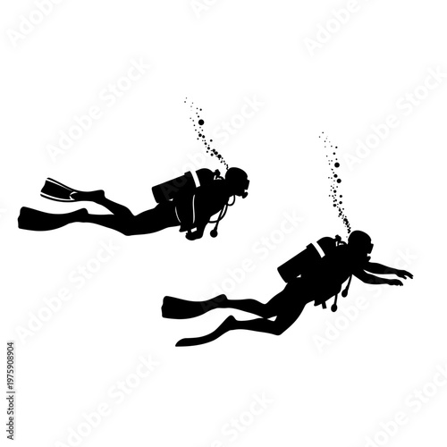 Two Scuba Divers Silhouettes Swimming Underwater with Bubbles