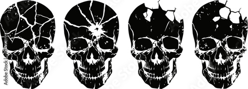 four cracked human skulls set in a row with different damage patterns on black background