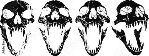 Four aggressive skull designs dark gothic with open jaws and sharp teeth horror art collection