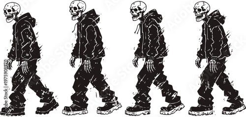 Skeleton in hoodie walking sequence, casual streetwear, urban youth illustration