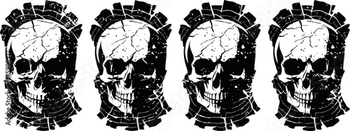 cracked human skull silhouette combined with city skyline on black background, urban grunge concept