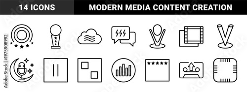 Minimalist outline icon set for podcasting and audio broadcasting.