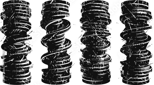 Set of vintage spiral springs in distressed silhouette style, mechanical coil components with rust texture