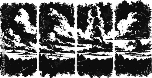 Dramatic cloudscape skyline over dark woodland silhouette at sunset horizon