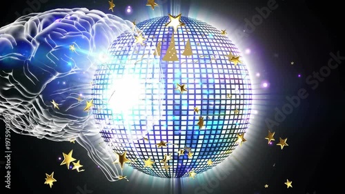 Animation of digital human brain, stars and trees over rotating disco ball against black background