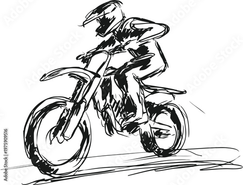 Motocross rider jumping dirt bike sketch extreme off road motorcycle sport in action, dynamic movement illustration