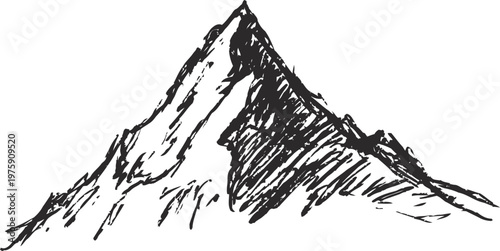 Sketch of a mountain peak with shading and rugged rocky textures, hand drawn nature illustration