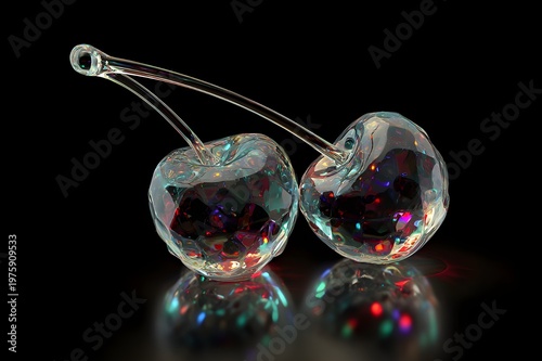 A pair of cherries carved entirely from clear glass, from a fine glass, are placed on a glossy black surface. Light passes through the cherries, creating a colorful light scattering reflection around 