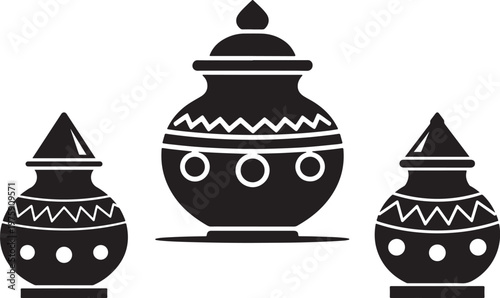 Black and white illustration of three traditional pottery vessels