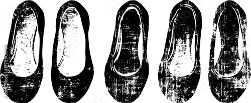 Worn ballet flats illustration in black and white vintage style, five pairs of distressed shoes