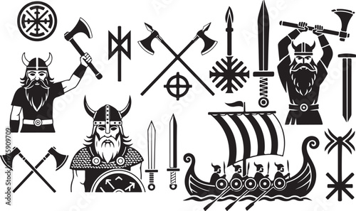 Black and white illustration of viking symbols warriors and a longship