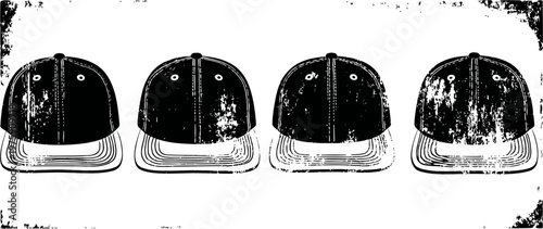 Four vintage black equestrian helmets with visible textures and worn surfaces