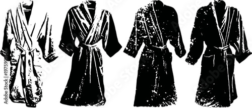 set of black and white bathrobes silhouettes in various styles and poses