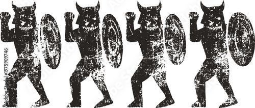 vintage tribal warrior silhouette with shield and spear in dynamic battle stance