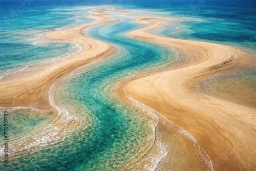 Aerial view of winding turquoise and sand dunes in a tropical ocean.