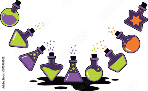 Assortment of halloween potion bottles with trick or treat halloween concoction bubbling chemistry experiment illustration decoration celebration abstract transparent