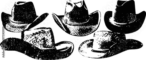 five vintage cowboy hats illustrations in black and white sketch style, western headwear collection