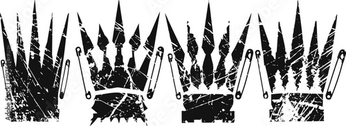 Black crowns with sharp spikes and safety pin decorations vintage gothic queen symbols with distressed textures