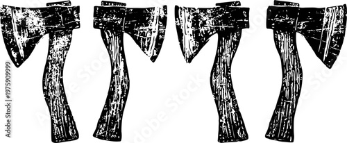 Vintage wooden handle axes with sharp metal blades, rustic black and white grunge design