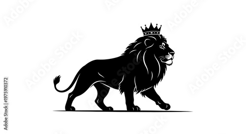 A majestic black lion with a crown walking proudly.