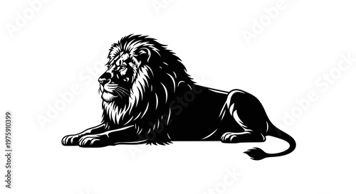 A powerful black silhouette of a majestic lion resting calmly.