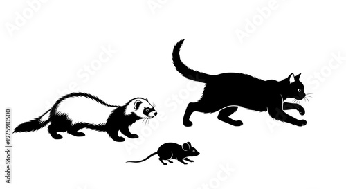 Black and white illustration of a cat, ferret, and mouse in motion.