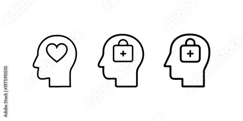 Outline icons representing human head profile with inner symbols of heart, medical bag and first aid kit symbolizing mental health and care.