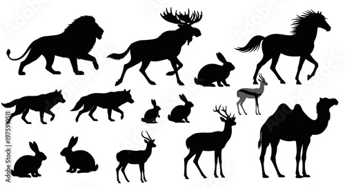 Collection of various wild animal silhouettes on a white background.
