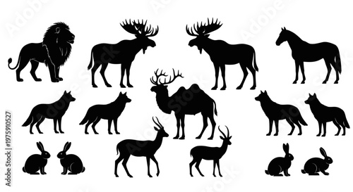 Collection of various wild animal silhouettes on white background.