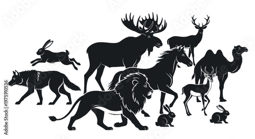 Canvas Print Collection of various wild animals in silhouette form on a white background