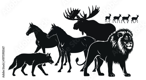 Collection of wild animal silhouettes including lion, wolf, horses, moose, and deer on a white background.