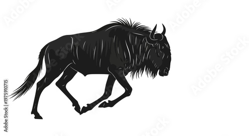Dynamic black wildebeest running with powerful strides.