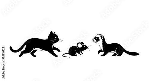 Black Cat, Mouse, and Ferret Silhouettes on White Background.