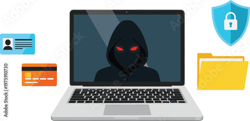 cyber security illustration, hacker laptop concept, data protection, online privacy threat, identity theft, malware attack, phishing risk, digital security, vector design, technology concept