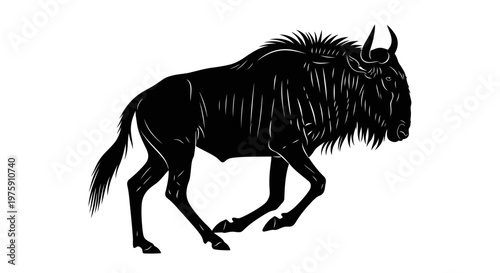 Dynamic illustration of a wildebeest running with powerful energy and distinctive features.