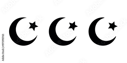 Moon and star icon vector set, islam symbol, crescent sign, muslim religion, ramadan kareem, eid mubarak, traditional logo
