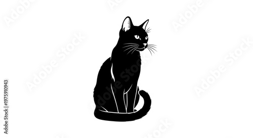 Elegant Black Cat Sitting Gracefully on a White Background.